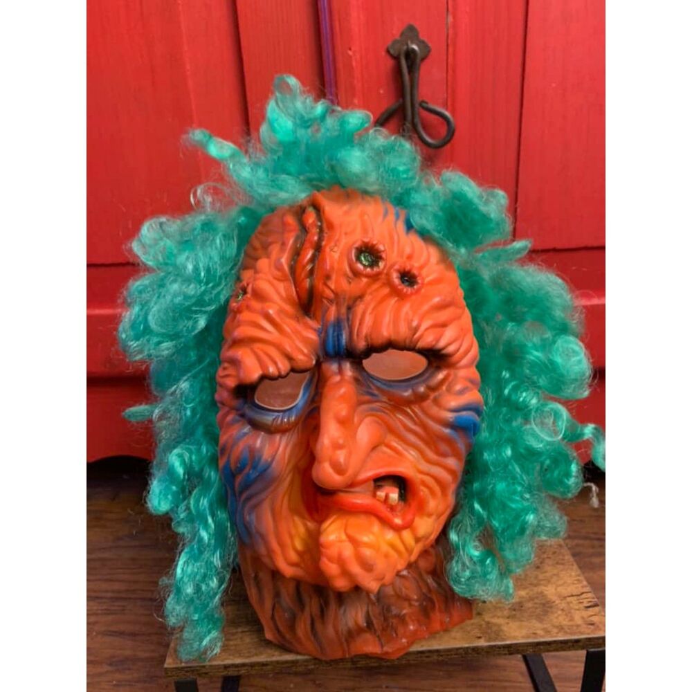 Vintage Funworld Rubber Mask Rotting Pumpkin Face Green Hair Halloween HTF EUC